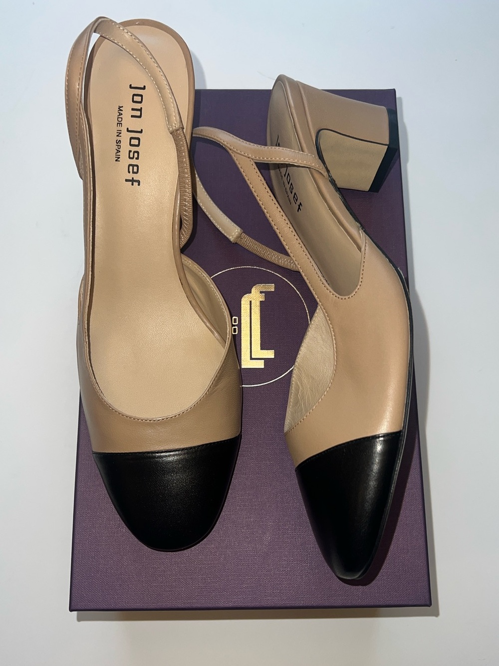 NWT Jon Josef Two-Tone Tan and Black Low Block Heel Slingbacks